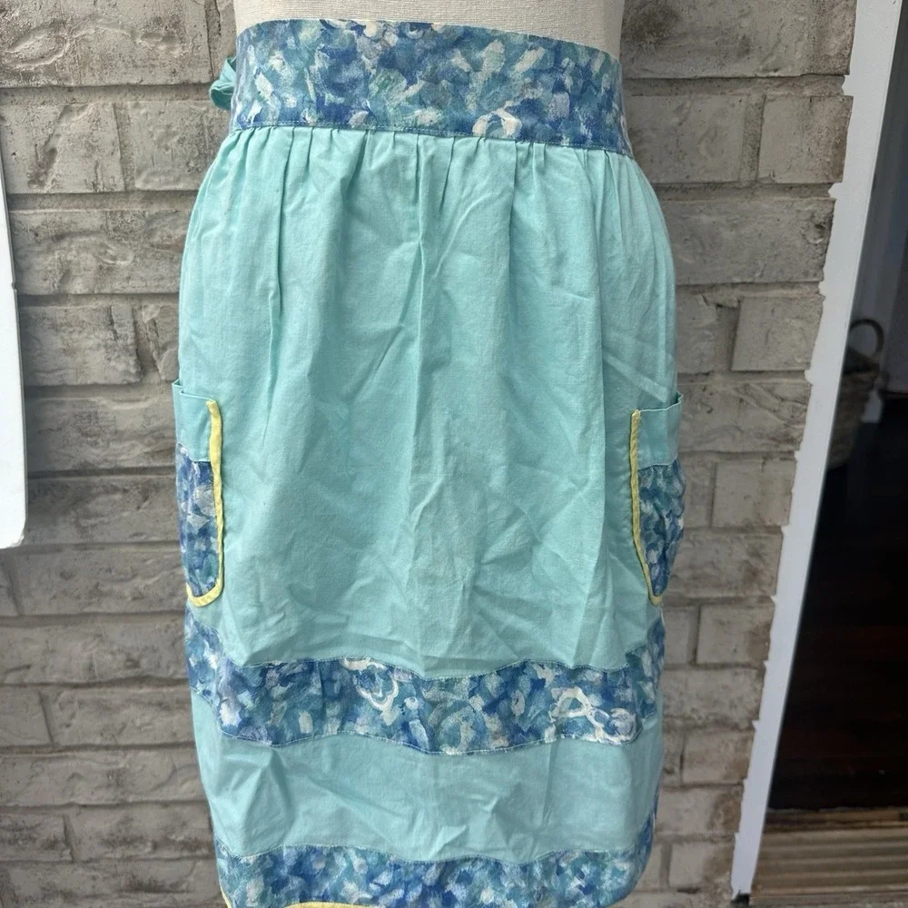Lot Of 2 Vintage Half Apron Handmade Pockets Tie Back Farmhouse Floral Blue